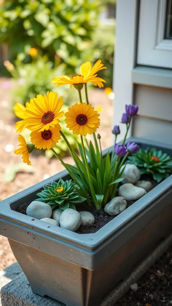 Colorful flower box with yellow flowers, purple tulips, and decorative stones