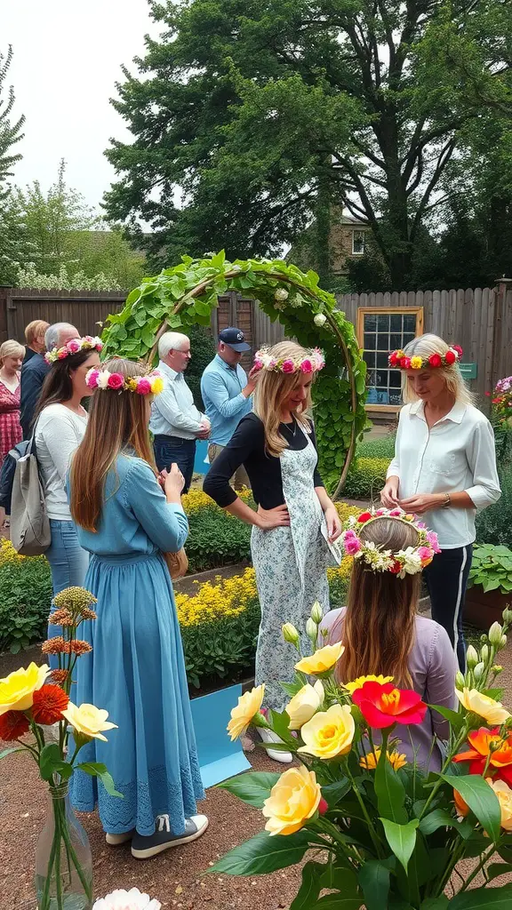 Participants wearing flower crowns in a garden setting, engaged in a workshop.