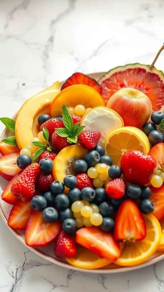 A colorful fruit display featuring strawberries, blueberries, oranges, and more, arranged beautifully on a plate.