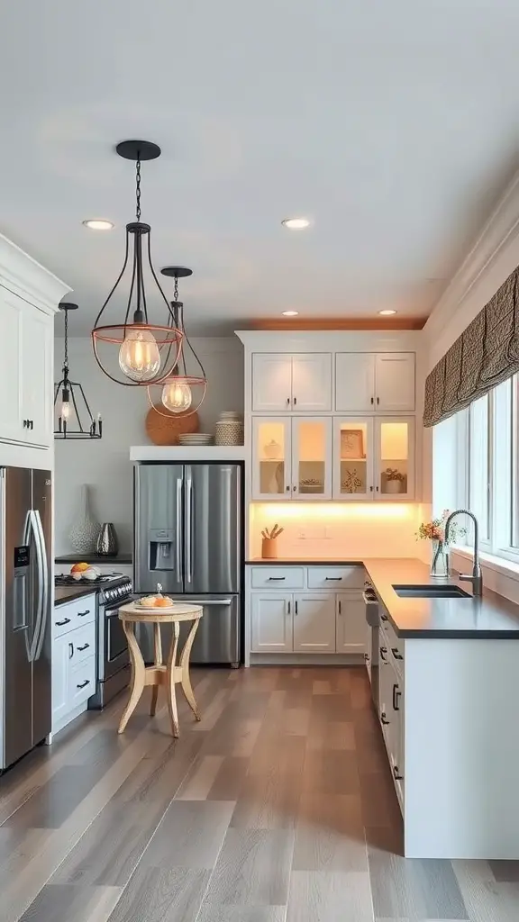 A modern beach house kitchen featuring creative pendant lighting and warm ambient lights.