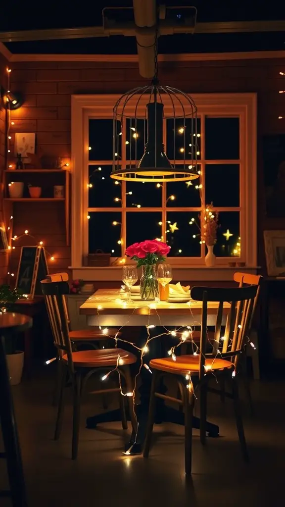 A cozy dinner setup with fairy lights, a table with roses, and a warm ambiance