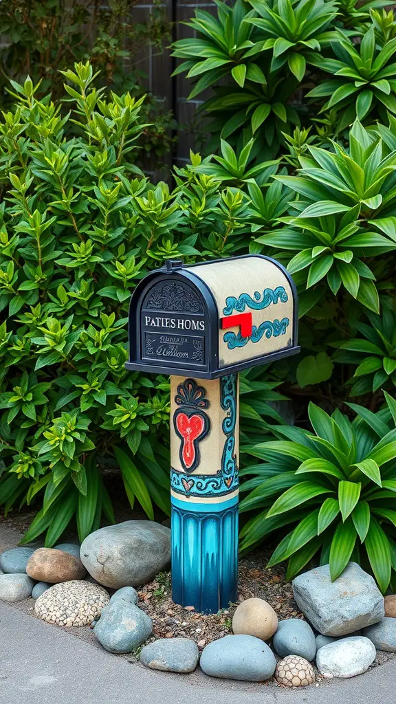 A colorful mailbox surrounded by green plants and decorative stones.