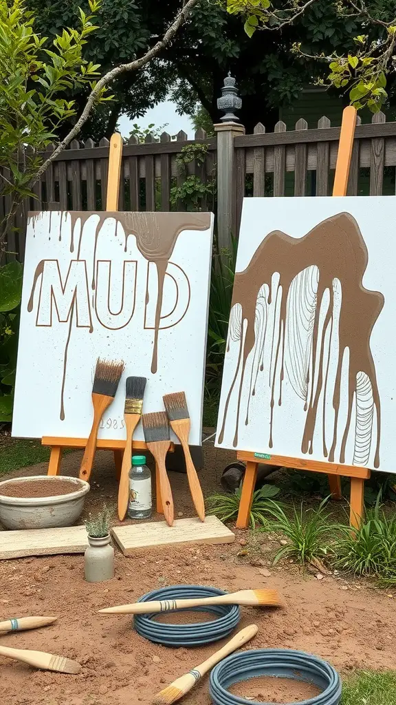 25 Creative Mud Kitchen Ideas for Kids to Inspire Imaginative Play 7 A creative mud art station featuring two easels with canvases that have mud art, brushes, and a bowl of mud for painting.