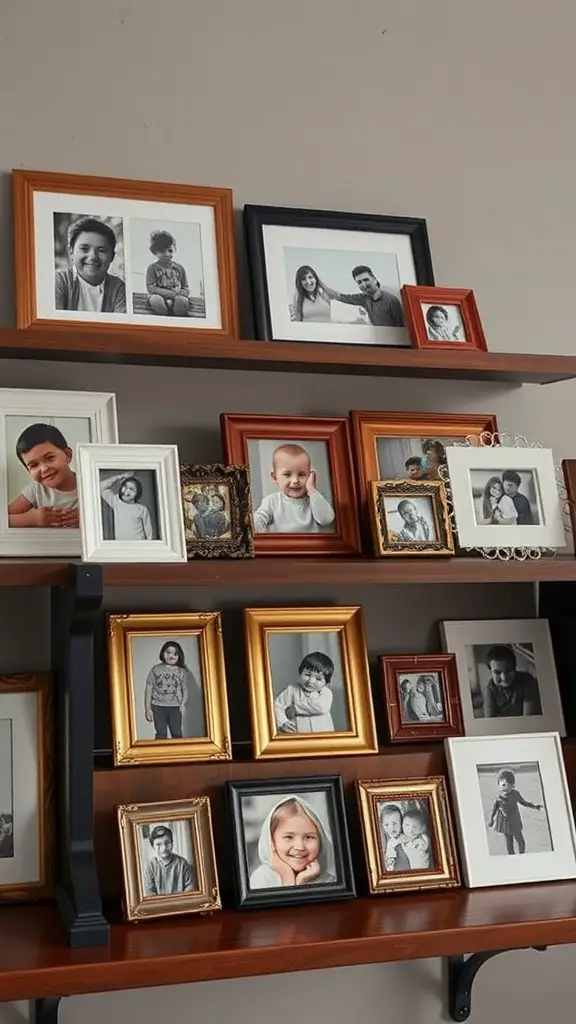 A creative arrangement of various photo frames on wooden shelves, displaying black-and-white and colored pictures.