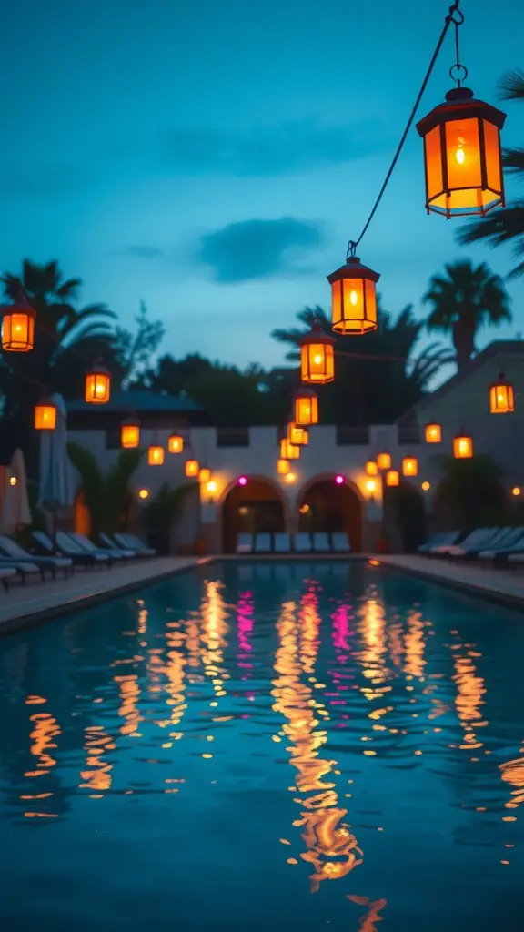 A tranquil pool area illuminated by hanging lanterns, reflecting soft amber light on the water.