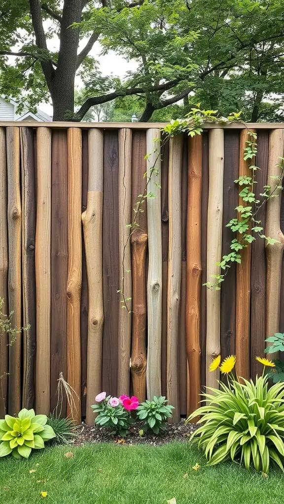 A wooden privacy fence with different shades of wood and colorful flowers in front.