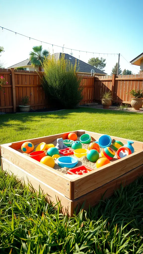 A backyard sandbox filled with colorful toys, set in a green grassy area with a wooden fence and sunny sky.