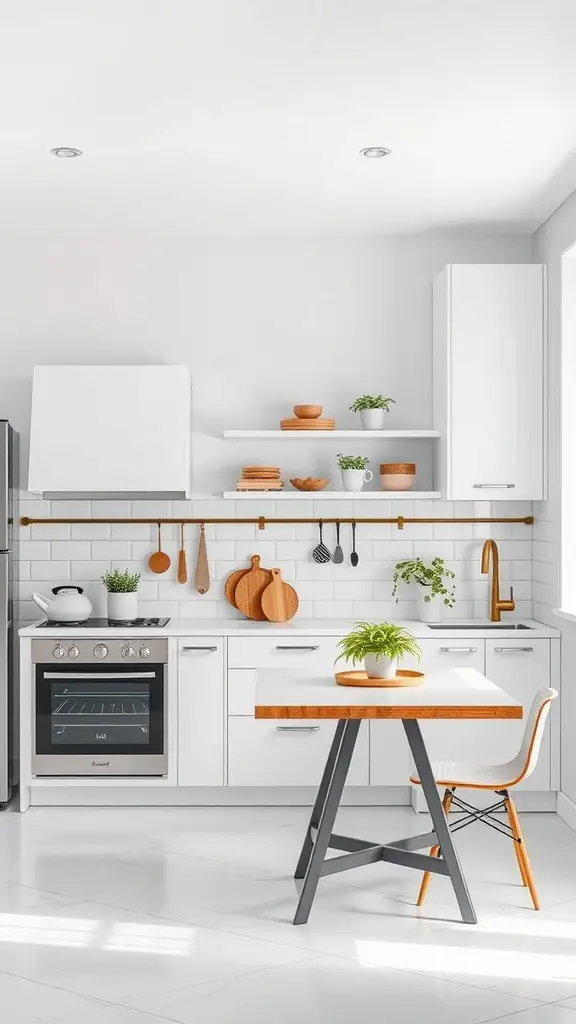 A modern white kitchen featuring space-saving designs, open shelving, and a small wooden table.