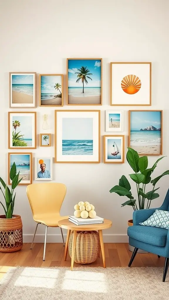 A cozy living space with a creative wall art display featuring beach-themed photographs in various frames, surrounded by plants and modern furniture.