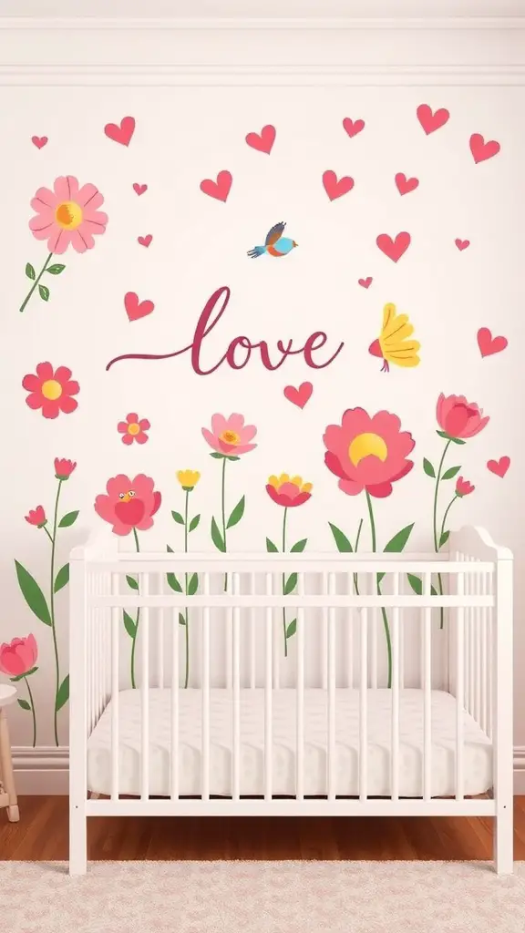 Colorful wall decals featuring flowers, hearts, and the word 'love' in a nursery setting.