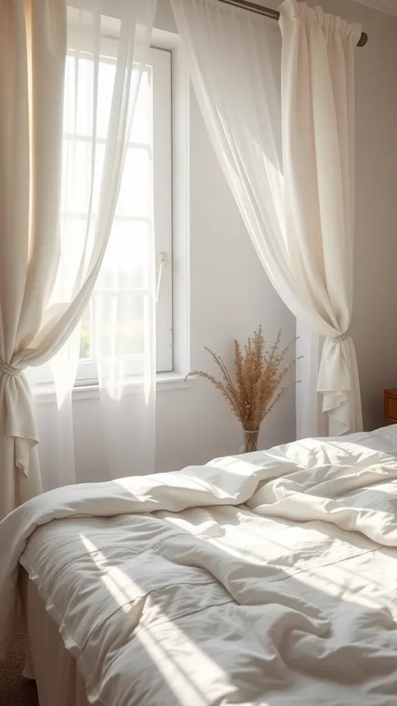 A bright bedroom with crisp white linen bedding and sheer curtains, featuring a small vase of dried flowers.