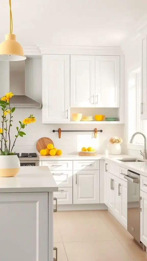 A bright kitchen with white cabinets and lemon yellow accents, featuring yellow flowers and citrus fruits.