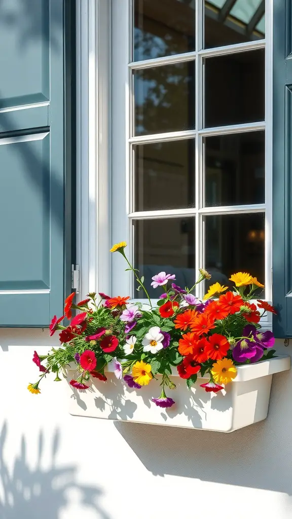 21 Stunning Full Sun Window Box Ideas for Your Garden 15 A colorful window box filled with culinary flowers, including nasturtiums, pansies, and marigolds, basking in sunlight.