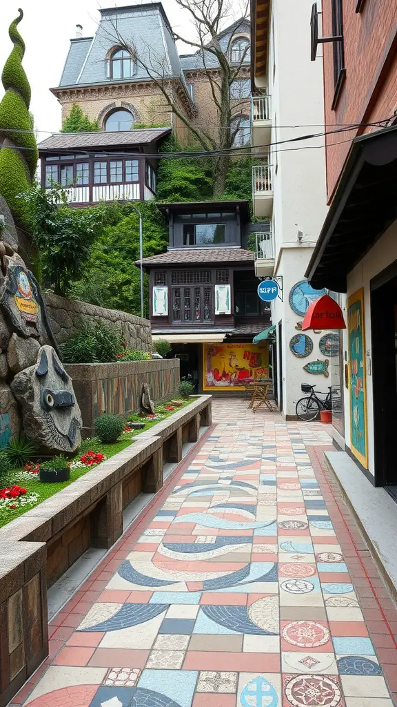 A colorful mosaic walkway surrounded by greenery and charming buildings.