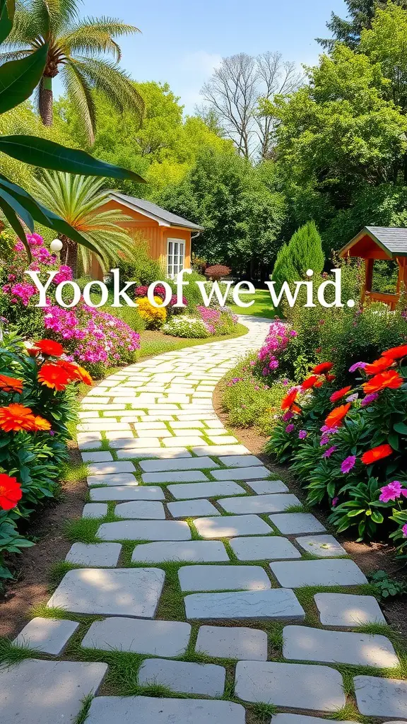 Curved flagstone walkway surrounded by colorful flower beds.