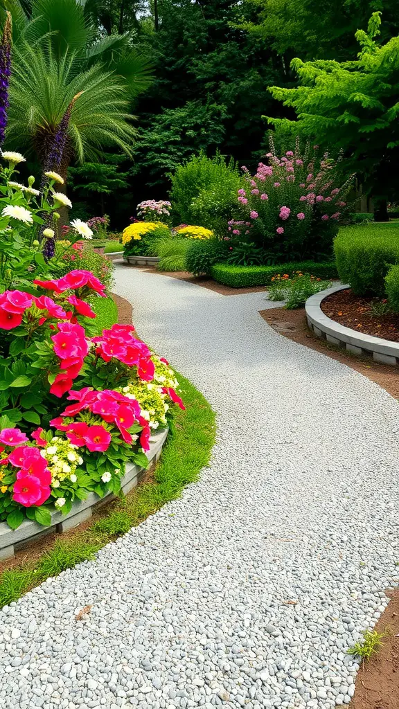 19 Creative Gravel Border Ideas for Your Garden 7 A curved gravel pathway surrounded by colorful flowers in a garden.