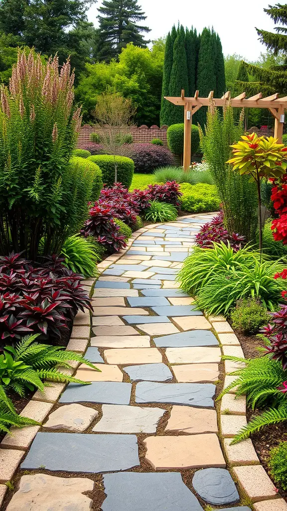 27 Stunning Stone Pathway Ideas for Your Garden Walkways 5 A curved stone pathway winding through a lush garden with vibrant flowers and greenery