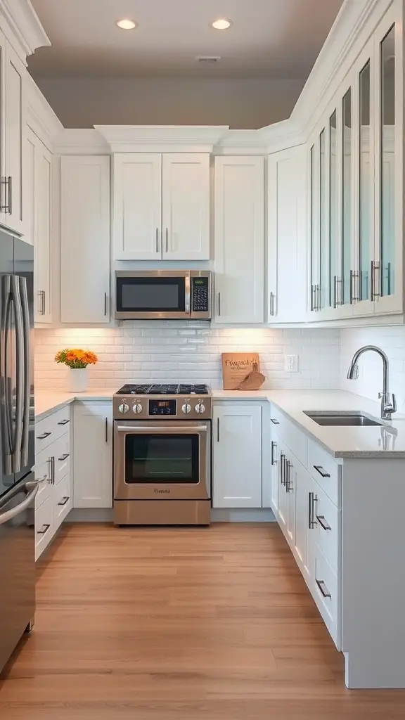 A custom-built white kitchen featuring sleek appliances, bright cabinetry, and warm wood flooring.