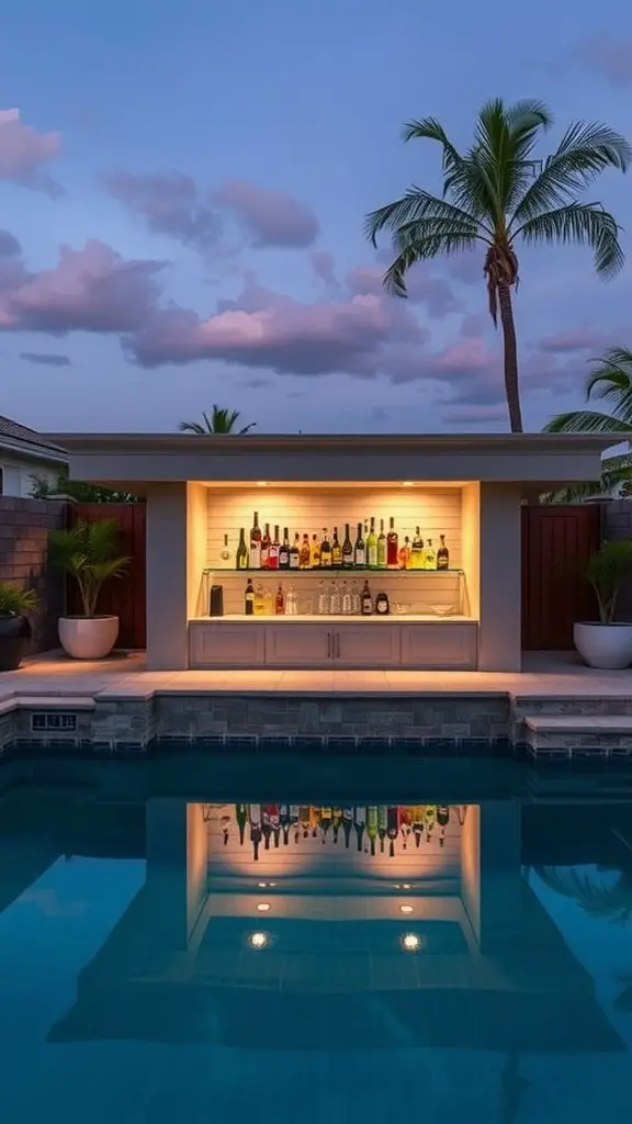 A stylish custom bar area next to a pool, featuring illuminated shelves filled with colorful bottles and surrounded by palm trees.