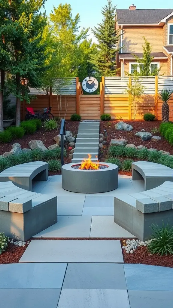 A backyard fire pit area featuring custom built concrete benches arranged around a central fire pit, surrounded by greenery and decorative stones.