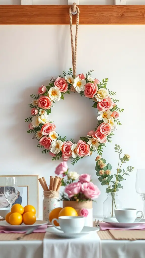 A floral wreath with pink roses and daisies hanging on a wall above a brunch table with coffee cups and fruits.