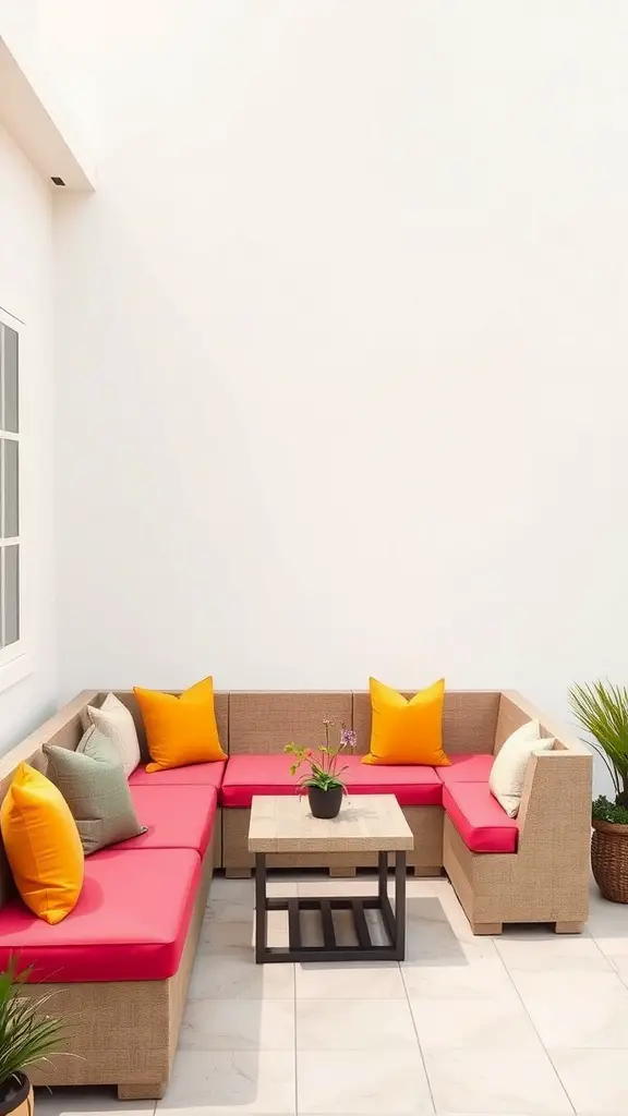 A customizable modular banquette with bright pink cushions and yellow pillows, surrounded by planters.