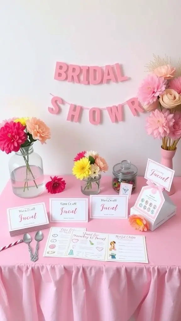 17 Creative Summer Bridal Shower Ideas for a Memorable Celebration 2 A pink-themed bridal shower setup featuring flowers, game cards, and decorations.
