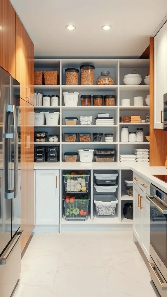 A modern pantry with organized shelves filled with various containers, jars, and baskets, displaying items in an aesthetically pleasing manner.