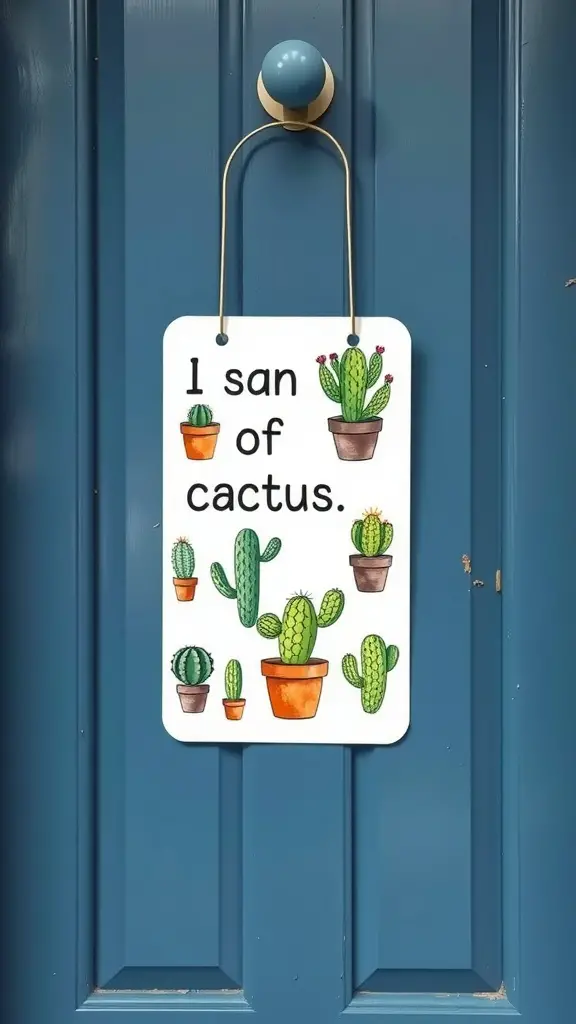 21 Creative Summer Door Hanger Ideas You’ll Love 14 A colorful door hanger featuring various cacti in pots with the text 'I san of cactus.'
