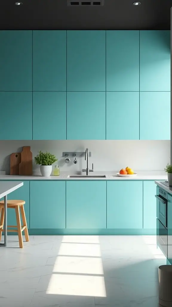 A modern kitchen featuring cyan lightweight panels and dark kitchen cabinets.