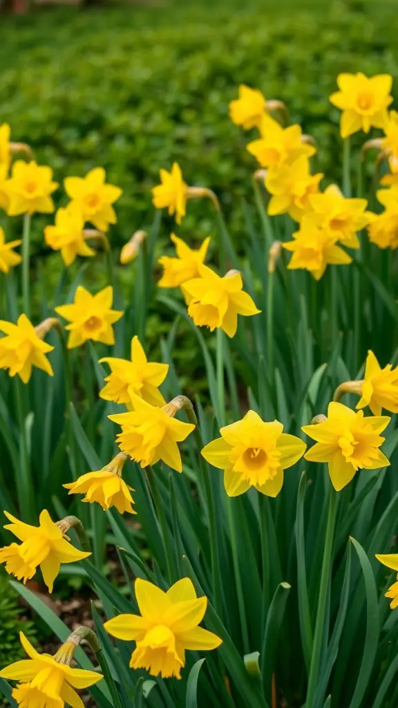 A cluster of bright yellow daffodils blooming in a green garden
