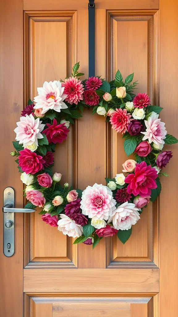 17 Stunning Summer Flower Arrangement Ideas 5 A floral wreath made of dahlias and roses hanging on a wooden door