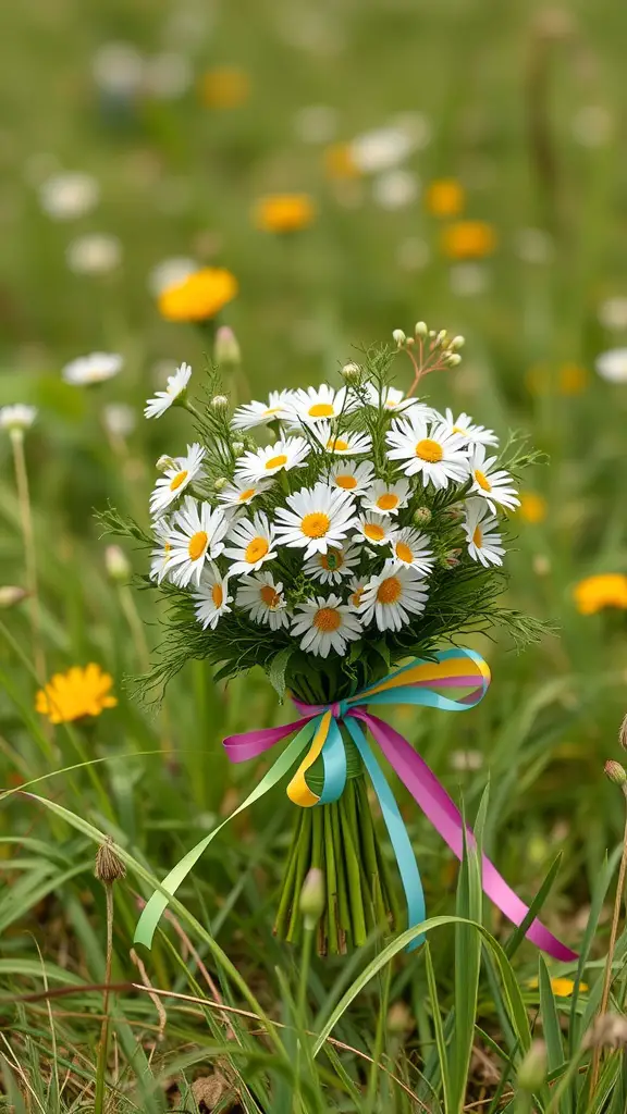 17 Stunning Summer Wedding Bouquet Ideas You’ll Love 4 A bouquet of daisies tied with colorful ribbons in a grassy field.