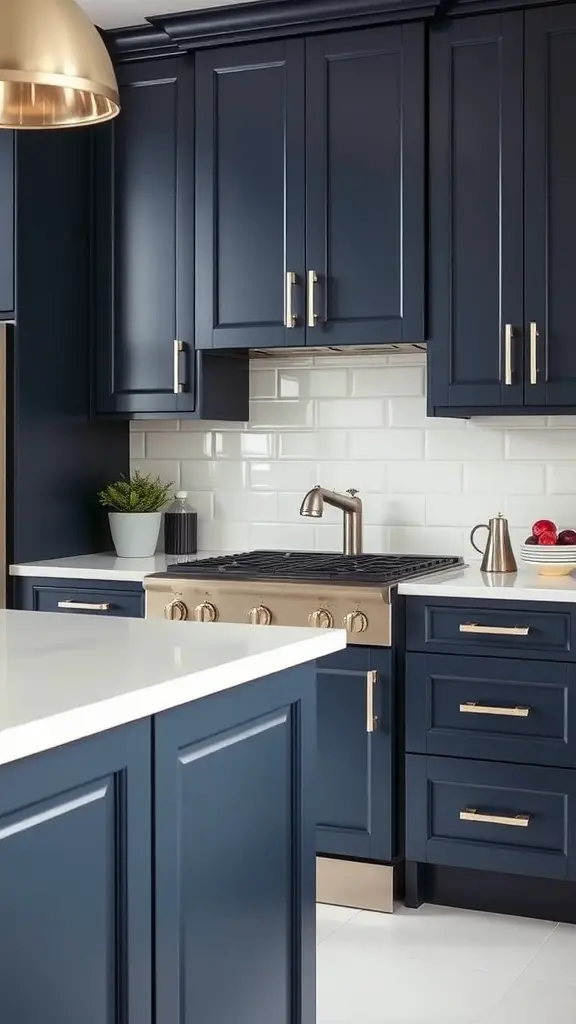 A modern kitchen featuring dark blue cabinets with silver hardware, white backsplash, and a spacious countertop.