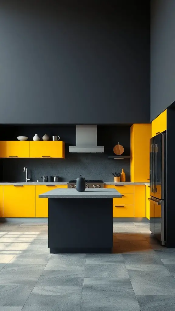 A kitchen featuring bright yellow cabinets and dark gray walls, with a matching kitchen island.