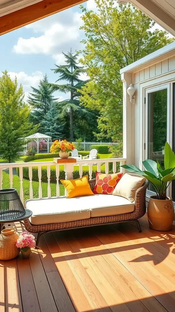 25 Stunning Deck Furniture Ideas for Your Outdoor Oasis 11 A cozy daybed setup on a wooden deck with colorful cushions and greenery in the background.