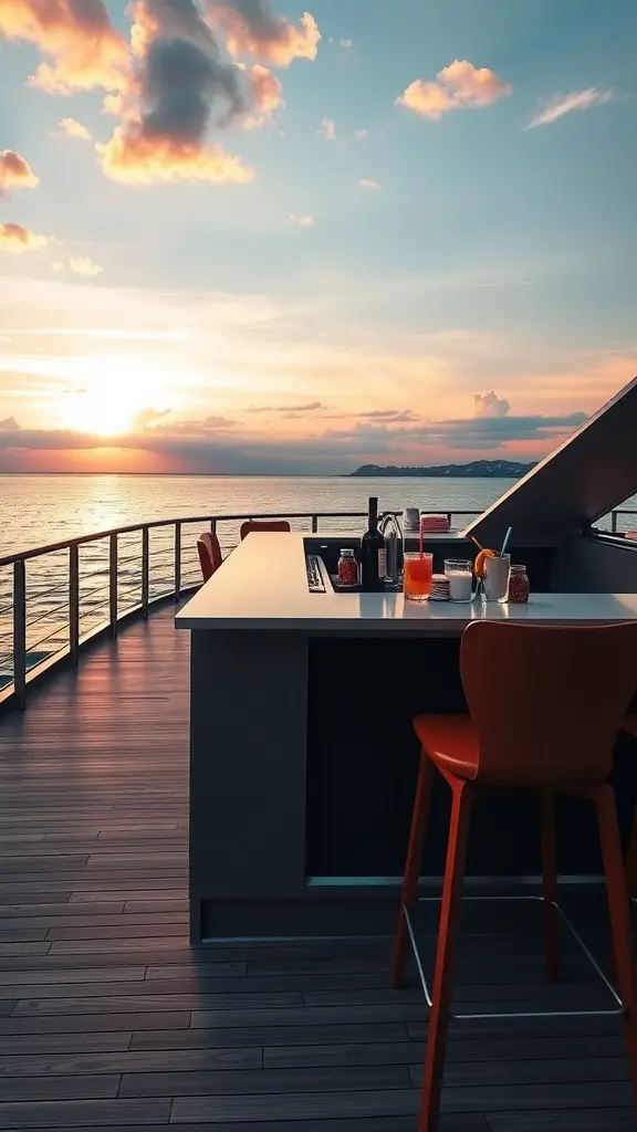 25 Stunning Deck Furniture Ideas for Your Outdoor Oasis 2 A stylish deck bar with red stools, overlooking a scenic sunset by the water.