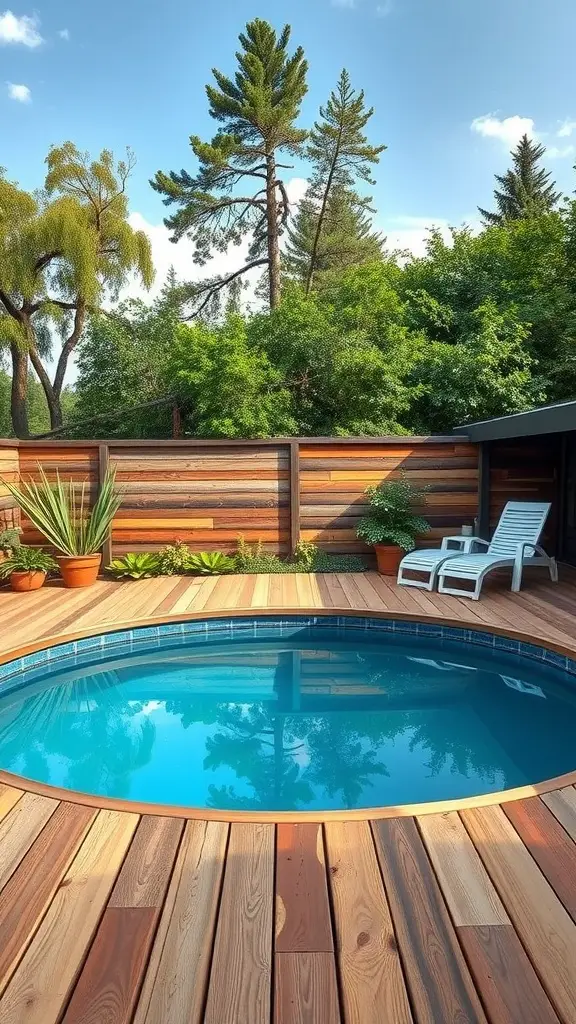 A serene above-ground pool surrounded by a reclaimed wood deck and potted plants.