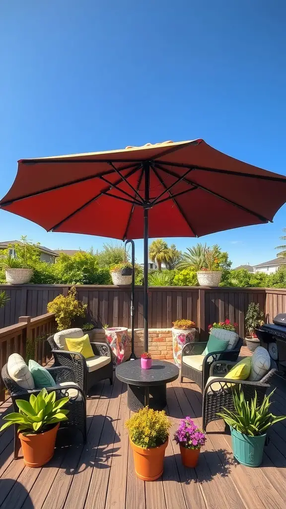 25 Stunning Deck Furniture Ideas for Your Outdoor Oasis 12 A cozy deck with a large red umbrella providing shade over seating, surrounded by potted plants.