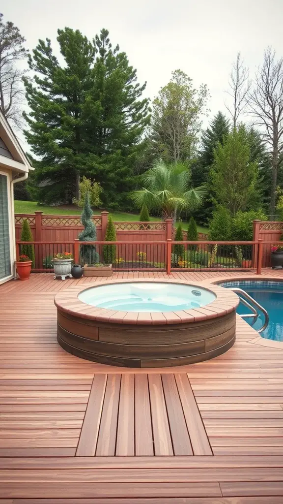 A wooden deck with a built-in round hot tub, surrounded by greenery and a pool.