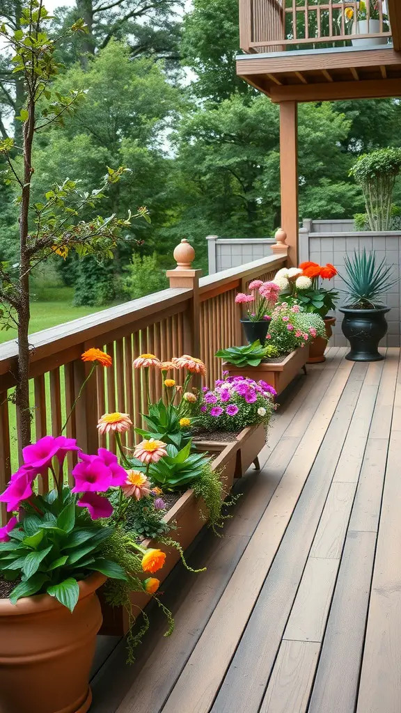 19 Creative Deck Ideas to Enhance Your Backyard Oasis 10 A deck with built-in planters filled with colorful flowers.