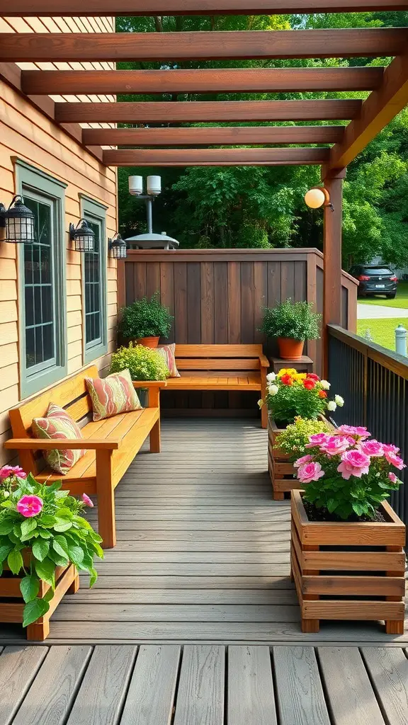 27 Inspiring Outdoor Deck Ideas You'll Love 5 A cozy outdoor deck featuring built-in wooden seating and colorful flower planters.