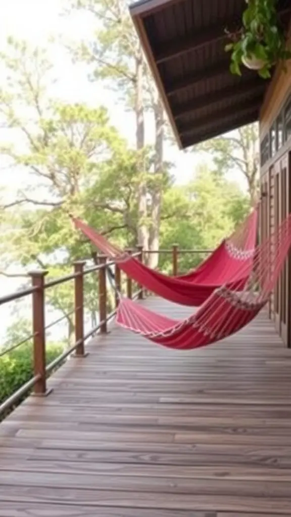 27 Inspiring Outdoor Deck Ideas You'll Love 17 Outdoor deck featuring two red hammocks surrounded by trees