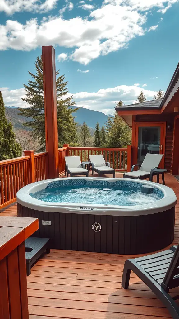19 Creative Deck Ideas to Enhance Your Backyard Oasis 5 A wooden deck featuring a hot tub surrounded by trees and mountains.