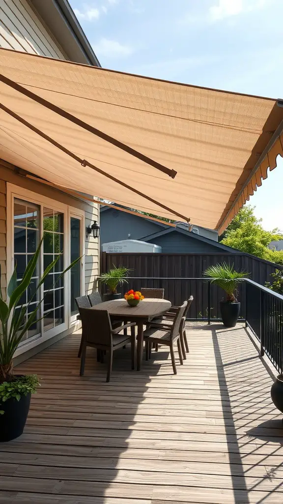 27 Inspiring Outdoor Deck Ideas You'll Love 16 A deck with a retractable awning above a dining table, surrounded by potted plants.