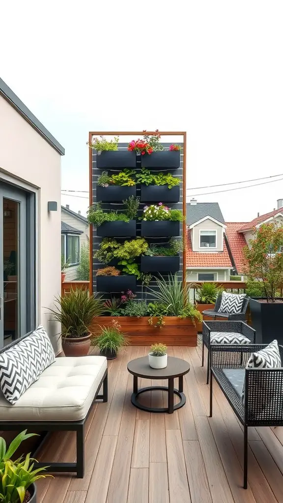 27 Inspiring Outdoor Deck Ideas You'll Love 14 A cozy outdoor deck featuring a vertical garden adorned with various plants and flowers, complemented by stylish seating.