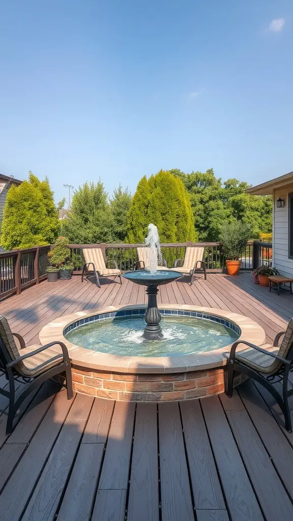 27 Inspiring Outdoor Deck Ideas You'll Love 13 A deck featuring a central water fountain surrounded by chairs and greenery