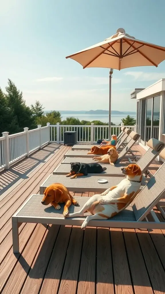 19 Creative Grassless Backyard Ideas for Dogs 6 Dogs relaxing on sun loungers on a deck with a view.