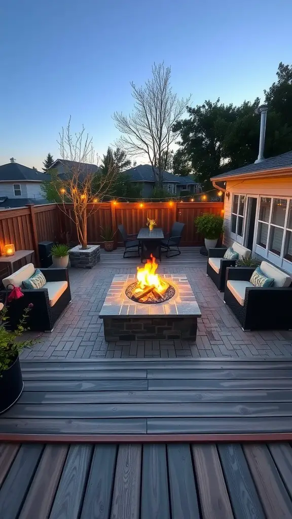 15 Creative Garden Decking Ideas for Your Outdoor Space 10 Cozy garden decking with a fire pit surrounded by seating and string lights
