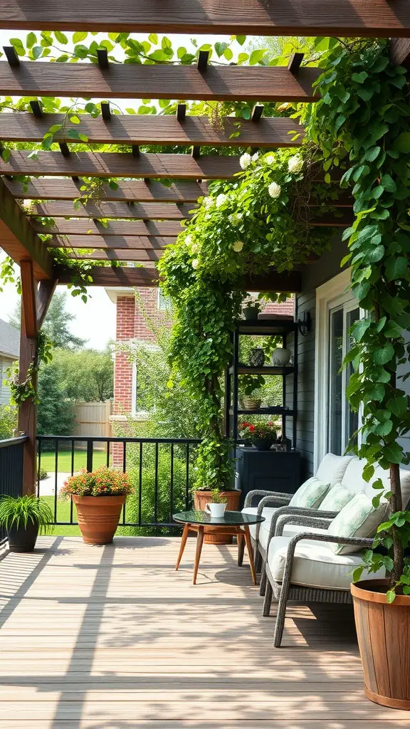 15 Creative Garden Decking Ideas for Your Outdoor Space 14 A cozy outdoor decking area with a wooden pergola covered in greenery, featuring comfortable seating and potted plants.